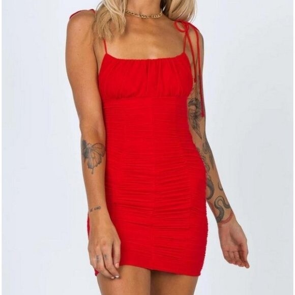 Red Mini Bodycon Dress Womens 2 Adjustable Ruched Sexy Prom Party PRINCESS POLLY - Picture 1 of 11
